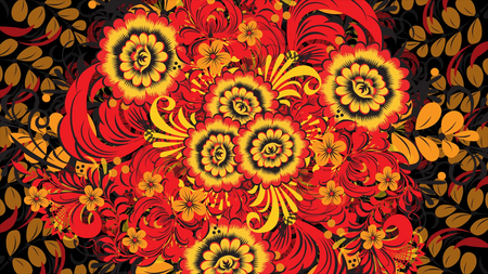 Khokhloma. Abstract fractal transformation background. Loopable. Painting Khokhloma Russia of bright red flowers and berries on black and gold background. Abstract background of red polygonsの写真素材