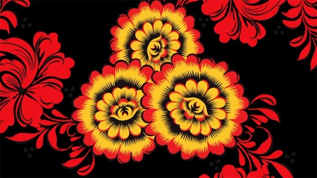 Khokhloma Russia of bright red flowers and berries on black background. Animation Khokhloma.