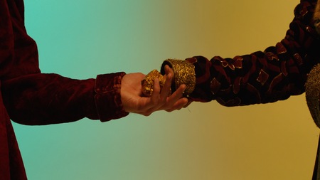 Two businessmen are making a business deal, medieval. Stock. Deal, gold, ancient Chinaの写真素材