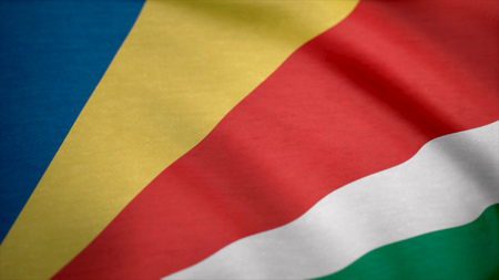 Grunge colorful flag Seychelles. Close up, fluttering downwind. Flag of Seychelles backgroundの写真素材