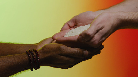 Support concept. Stock. Empathy, compassion, help, kindness. Humanitarian assistance to African countries. Hands pour rice into the hands of a black manの写真素材