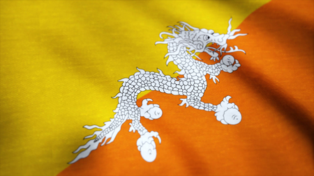 Flag of Bhutan waving in the wind detail. Background waving in the wind flag of Bhutanの写真素材