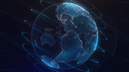 Global infographic hologram. Concept of technology. Hologram of the planet. Perfect for TV business news intro. Blue.の写真素材