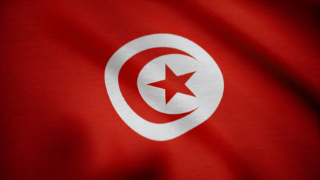 Tunisia closeup flag, city of Tunisia, realistic animation seamless loop. Waving Red Flag Of Tunisiaの写真素材