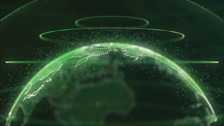 Animation Globe with dot world map HUD and infographic graph bar element spin on dark background. Animation of abstract data with globe of earth in digital space. Global business backdrop. Animation of seamless loop.の写真素材