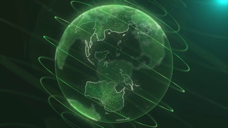 Planet earth rotating loop animation future technology business concept. loopable rotation of high detailed concept of digital earth globe with random numbers and highlight elementsの写真素材
