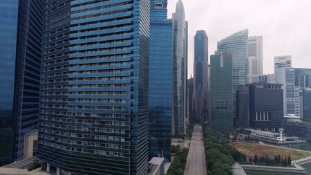 Singapore - August, 2018: Top view of panoramic scene of day of majestic cityscape with modern new...