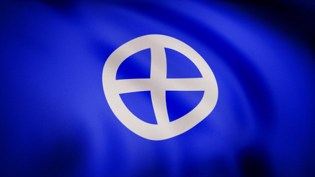 Flag with astrological symbol of earth. Animation close-up of waving canvas of blue fabric with white symbol in center. White cross symbol in circleの写真素材