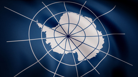 Unofficial flag of Antarctica. Realistic waving in wind flag of Antarctica with detailed texture of fabric. Close-up animation of Antarctica flag with superimposed meridian imageの写真素材