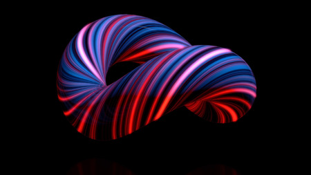 Coloured curved figure torus. Three-dimensional animation of bundle of twisted in circle of luminous threads. Abstract neon animation of torus in isolated spaceの写真素材