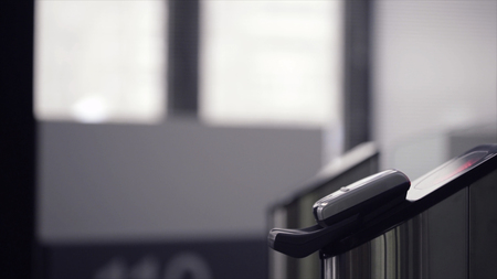 Close-up view of turnstile. Frame. Electronic access control system. Electronic access control...