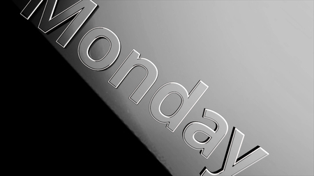 Monday text word gliding on black, glossy background, 3D animation. Silver, 3D text animation of...