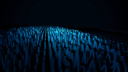 Digital, abstract, blue waves on black background. Voluminous straight lines transforming into waves, sound vibrations.の写真素材