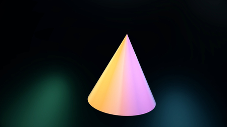 Geometric figure on black background. Abstract animation of moving multicolored triangular cone in space on black background. Volume of triangular figureの写真素材