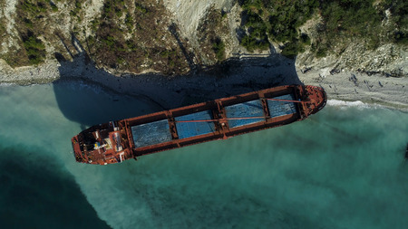Top view of cyclone damage of damaged ship washed ashore from cyclone. Shot. The ship washed ashoreの写真素材