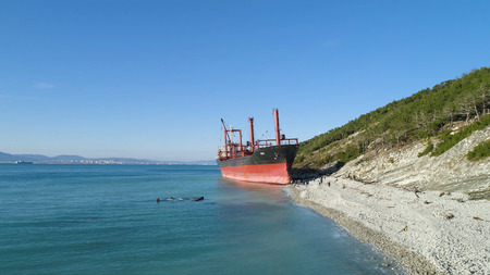 Top view of cyclone damage of damaged ship washed ashore from cyclone. Shot. The ship washed ashoreの写真素材