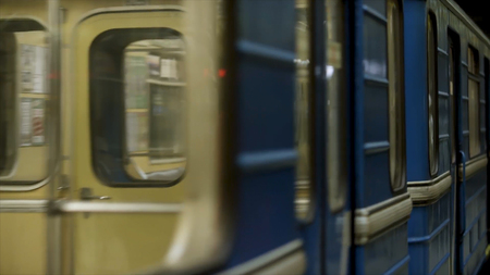 Close up for windows of the underground carriage at the subway station. Moving windows of an empty...