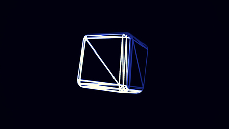 Abstract neon cube edges rotating chaotically, distortings shapes on black background. White and...