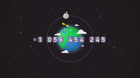 Flying UFO with a place for message on the Earth globe in outer space background, cartoon animation. Unknown flying vehicle with an alien in the space near the Earth planet.の写真素材