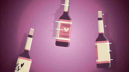 Cartoon animation of the funny champagne bottles thrown up in the air rotating on rose background, Saint Valentines day concept. Three wine bottles with hearts on lables spinning in the air.の写真素材