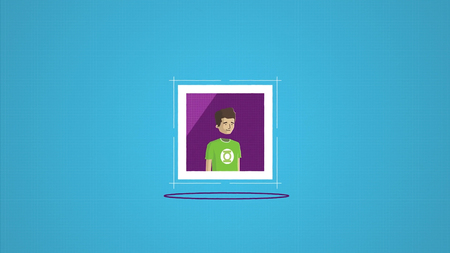 Cartoon animation with computer programme in process of copying man face and pasting it to other bodies on blue background. Modern editing application, visual presentation.の写真素材