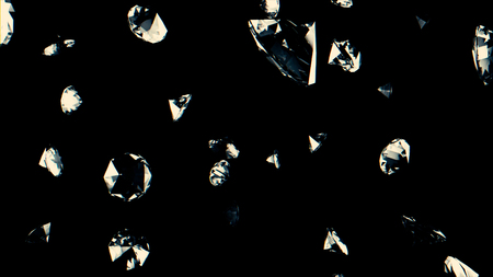 Abstract background with slowly falling upwards crystals or diamonds. The brilliants fall, rotate on a black background and shine of all edgesの写真素材