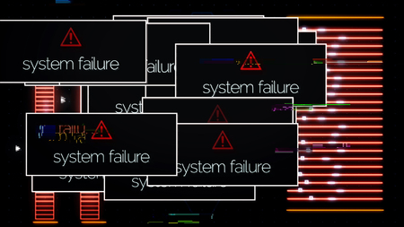 Program on the computer screen interrupted by system failure message, digital security concept. Animation. Signal interference and popups on the monitor.の写真素材