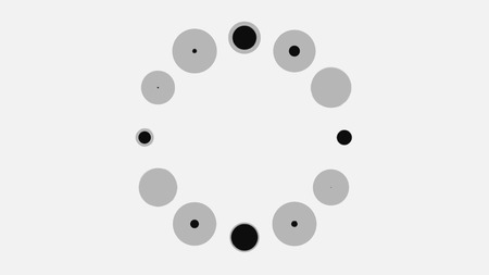 Abstract black and grey spinning bubbles in a rotating loading wheel on white background, seamless loop. Animation. Blinking circles moving endlessly, monochrome.の写真素材