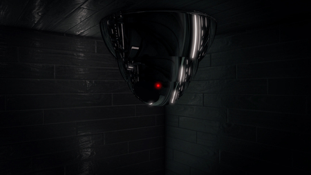 Abstract security camera with red indicator placed on the ceiling in dark room, safety and surveillance concept. Animation. Recording surveillance camera on black wall background.の写真素材
