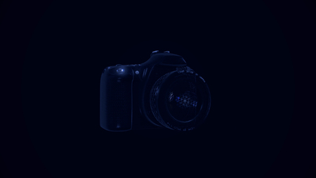 Close up for abstract photo camera frame rotating slowly on black background. Animation. Transparent photo camera spinning and coming closer, seamless loop.の写真素材