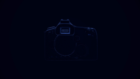 Close up for abstract photo camera frame rotating slowly on black background. Transparent photo camera spinning and coming closer, seamless loop.の写真素材