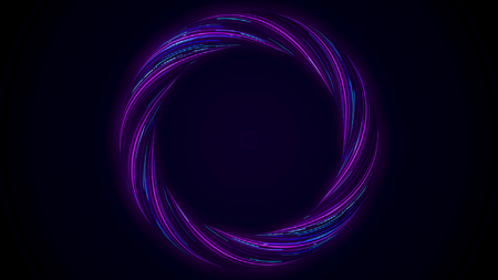 Abstract glowing ring from twisting fiber with blinking colors isolated on black background. Animation. Shining purple and blue colored circle, seamless loop.の写真素材
