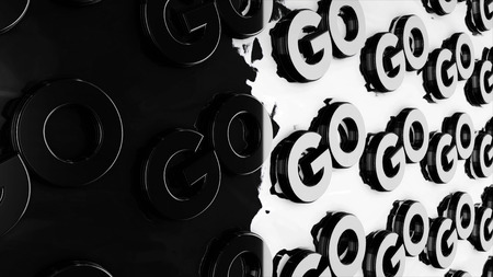 Monochrome animated words GO moving on black background, seamless loop. Animation. Silver capital...