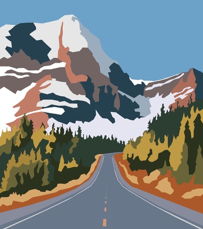 On the way to snowy mountains. Print. Abstract landscape in minimalism style with straight road to winter mountains in a sunny day,の写真素材