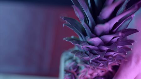 Close-up of cut ripe pineapple on dark background. Action. Knife cutting of ripe pineapple on board...