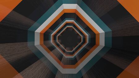 Flying through geometric hypnotic tunnel with black, brown, orange stripes, seamless loop....