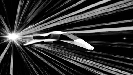 Futuristic flying abstract machine in space and glowing white light stripes on black background, monochrome. Animation. Fast driving space ship in sci fi tunnel, coridor, concept of future.の写真素材