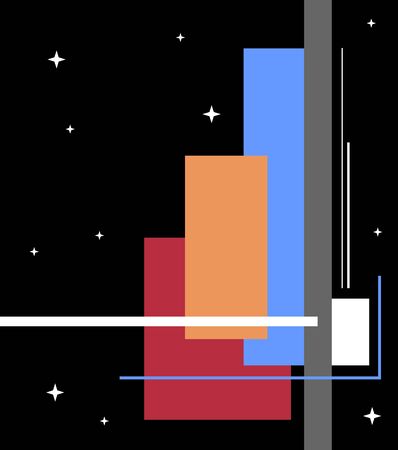 Colorful geometric figures with the black sky and white stars on the background. Abstract shapes and...