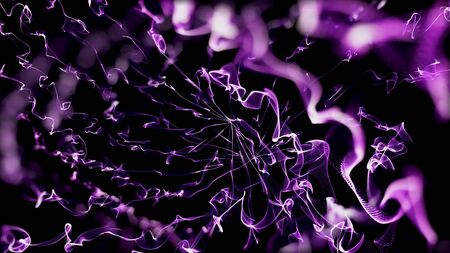 Beautiful lilac rays coming out from one point and spreading all over the black background. Animation. Shining light stripes fly in a spiral form.の写真素材