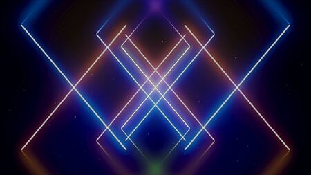 Neon crossed lines, letters X on beautiful gradient background. Animation. White glowing stripes of light, geometric pattern, seamless loop.の写真素材