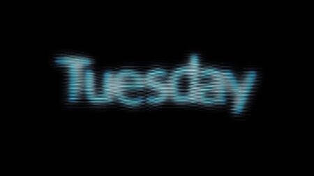 Abstract shining tuesday word text on black tv screen with the glitch interference, seamless loop. Animation. Noise screen and a moving green word, day of week.の写真素材