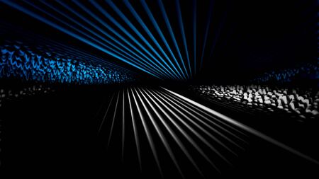 Abstract 3d lines vibrating and moving on black background, seamless loop. Animation. Half blue half...