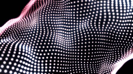 Loopable gradient waving dotted texture with shining blurred particles. Animation. Pink and white small circles flowing on black background, abstract fabric.の写真素材