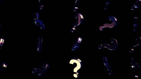 Abstract of moving question marks on black background. Animation. Moving background with mirrored question marksの写真素材