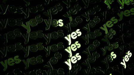 Background with moving words Yes . Animation. Abstract animation with three-dimensional metal words Yes on black background. Three-letter word for consentの写真素材