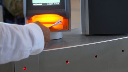 Check on e-pass system. Media. Turnstile with card reader. Electronic checkpoint. Access control...