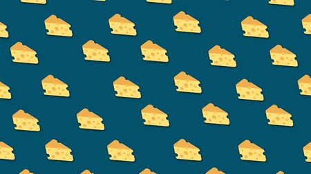 Many pieces of cheese moving on blue background, seamless loop. Yellow cartoon slices of cheese in horizontal rows, food concept.の写真素材