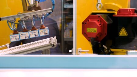 Conveyor at the plant for the production and of juices in cardboard packaging. Cardboard boxes being...