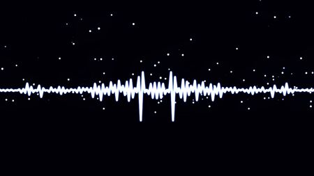 Monochrome voice record, artificial intelligence, waveform equalizer and visualization of audio wave. White pulsating signal on black background.の写真素材