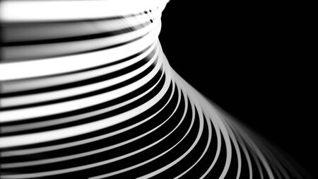 Abstract white curved lines in slow rotation on black background, seamless loop. Beautiful bending neon stripes spinning with 3D effect, monochrome.の写真素材